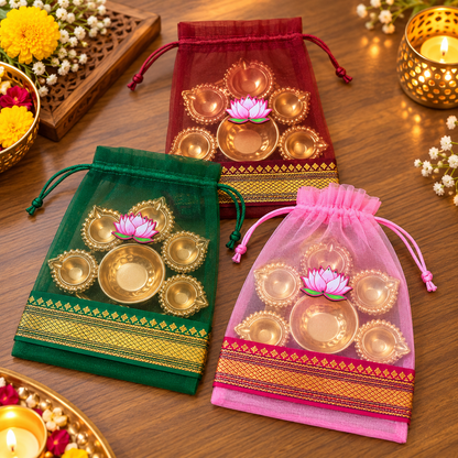 Lotus Cut Brocade Border Potli Bag with Diya Urli