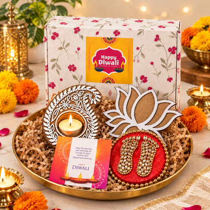 Rangoli Diwali Hamper | Wooden Diya, MDF Lotus Rangoli Stencil & Laxmi Charan