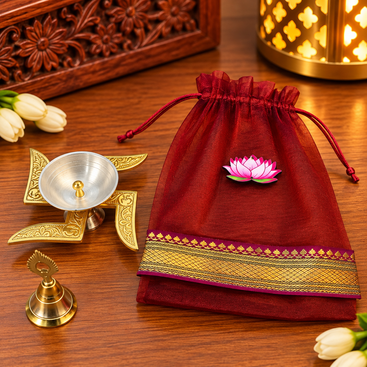 Diwali Pooja Gift Hamper | Swastik Diya, Pooja Bell & Lotus Organza Bag | Diwali Return Gift
