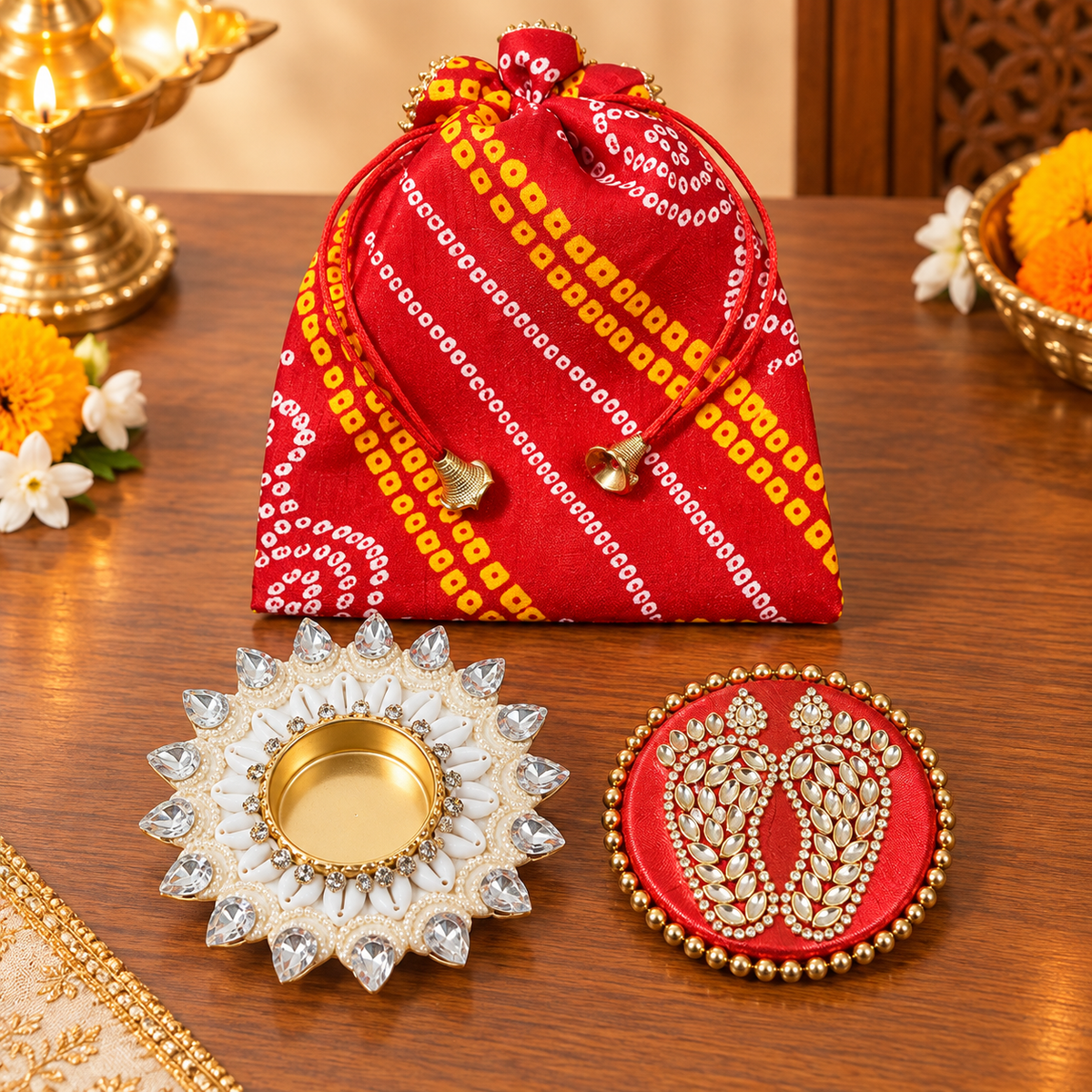Traditional Shubh Labh Diwali Gift Set – Bandhani Potli Bag, Decorative Diya & Ganesha Lakshmi Hangings