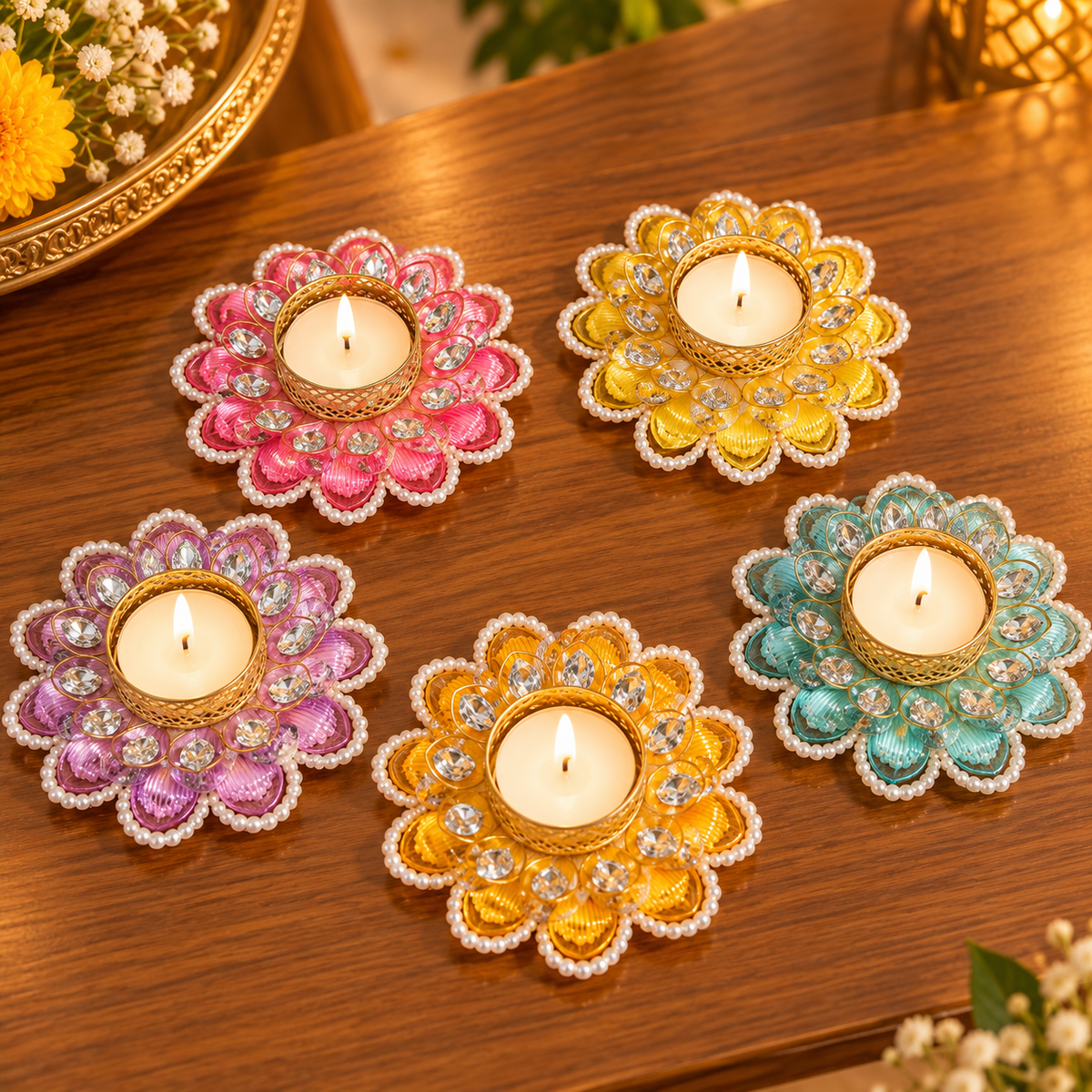 Elegant Pearl Diamond Lotus T-light (Pair)