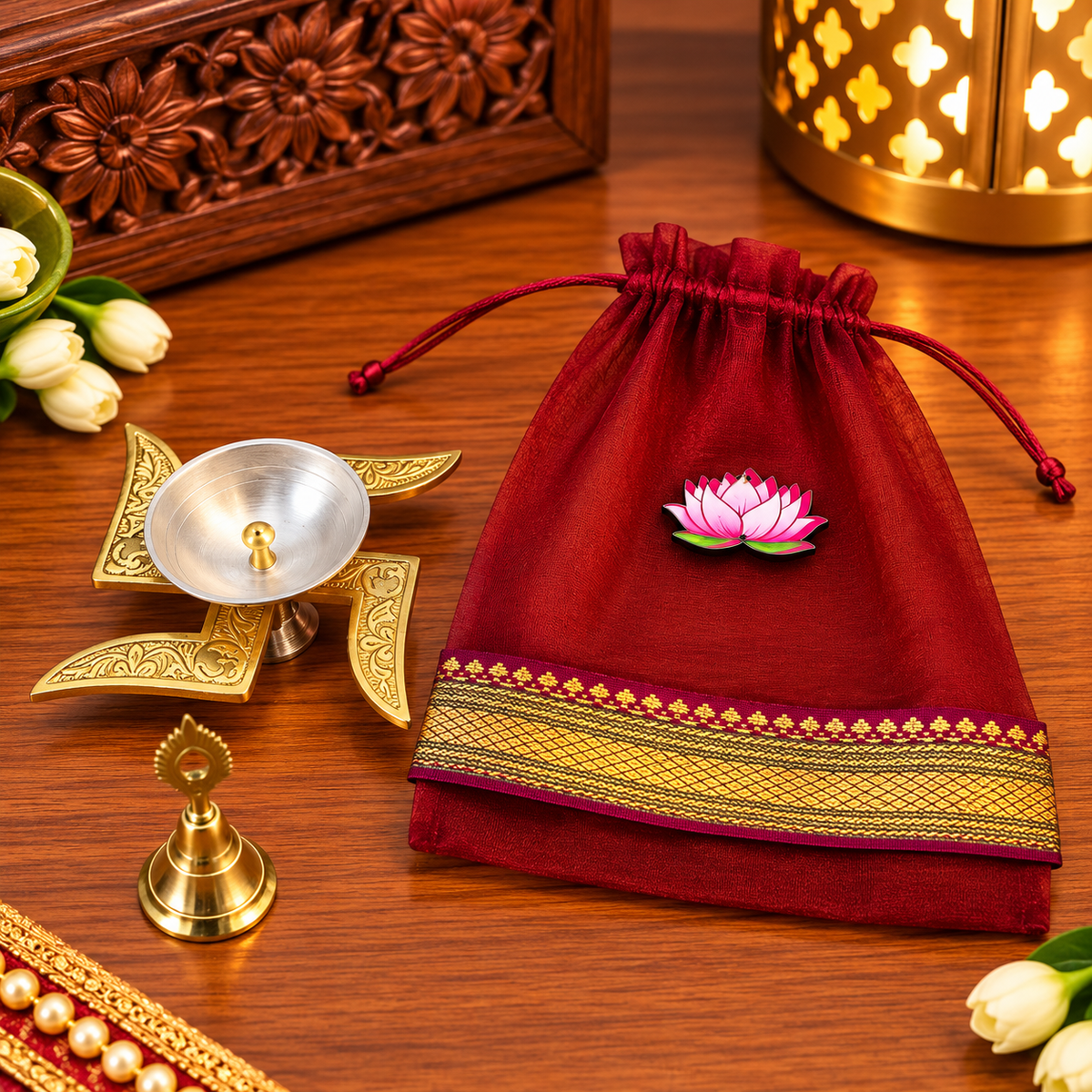 Diwali Pooja Gift Hamper | Swastik Diya, Pooja Bell & Lotus Organza Bag | Diwali Return Gift