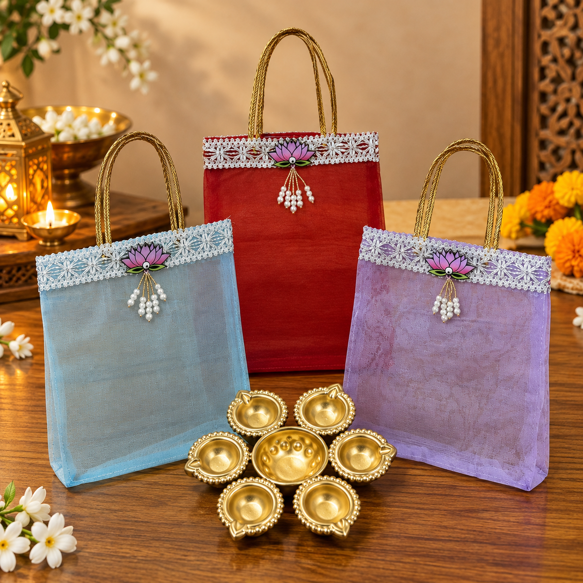 Lotus Motif Tissue Organza Bag & 7 Inch Diya Urli Combo | Festive Gift Set for Diwali & Pooja