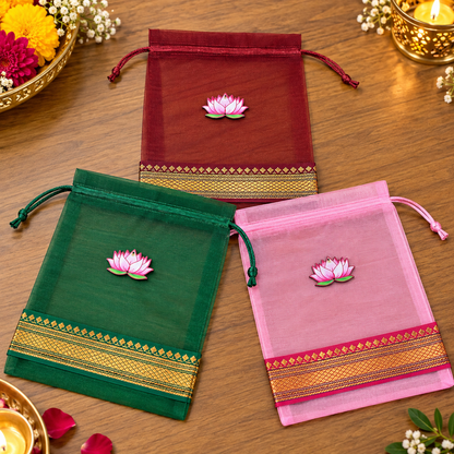 Lotus Cut Brocade Border Potli Bag with Diya Urli