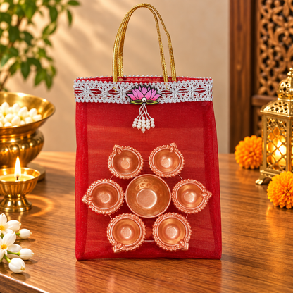 Lotus Motif Tissue Organza Bag & 7 Inch Diya Urli Combo | Festive Gift Set for Diwali & Pooja