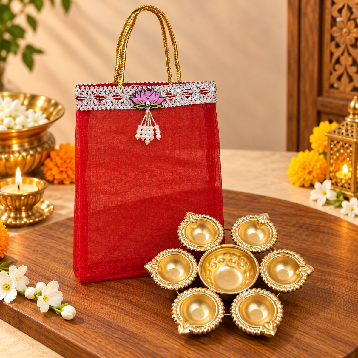 Lotus Motif Tissue Organza Bag & 7 Inch Diya Urli Combo | Festive Gift Set for Diwali & Pooja