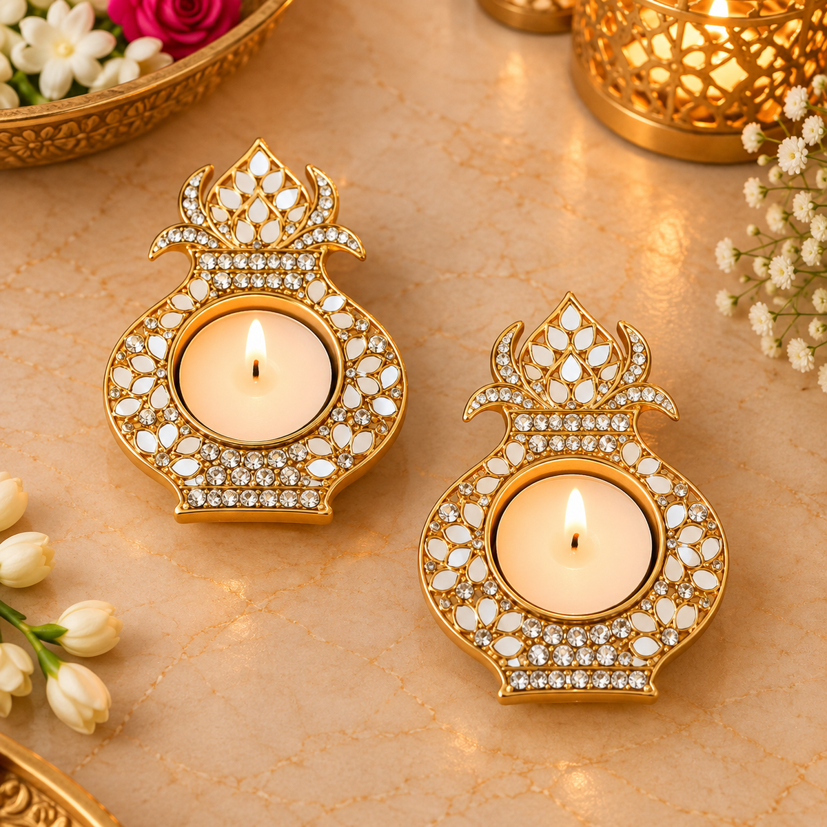 Elegant Kundan Kalash Tealight Diya (Set Of 2)