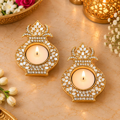 Elegant Kundan Kalash Tealight Diya (Set Of 2)