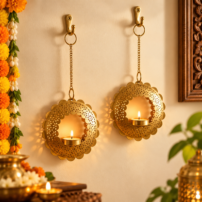 Round Flower Hanging Tealight Candle Holder (Set of 2)
