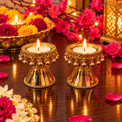 Metal Damru T-Light Holders (Set Of 2) | Traditional Festive Décor