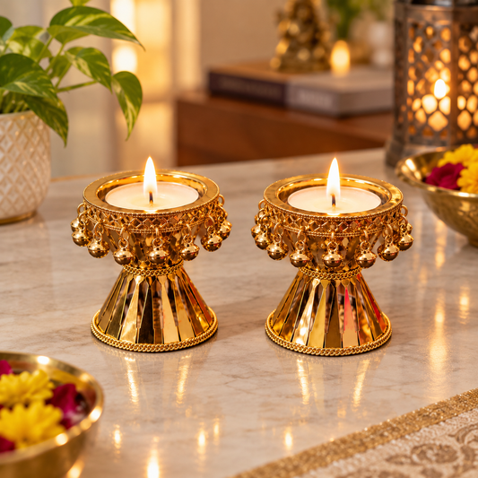 Metal Damru T-Light Holders (Set Of 2) | Traditional Festive Décor