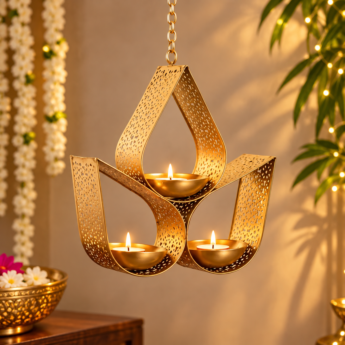 Ashoka Tea Light Hanging with 3 Diya Holders – Festive & Wedding Decor