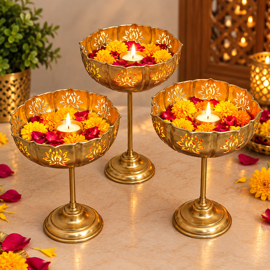 Standing Lotus Cut Metal Urli Bowls With Gold Finish