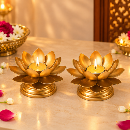 Golden Lotus Tealight Candle Holder (Set of 4) | Metal Lotus Diya | Diwali Decoration & Festive Home Décor