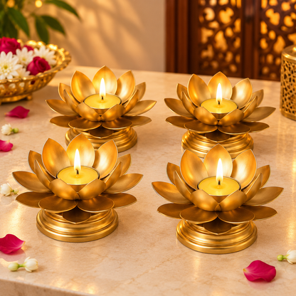 Golden Lotus Tealight Candle Holder (Set of 4) | Metal Lotus Diya | Diwali Decoration & Festive Home Décor