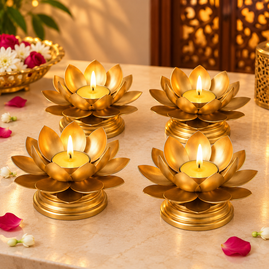 Golden Lotus Tealight Candle Holder (Set of 4) | Metal Lotus Diya | Diwali Decoration & Festive Home Décor