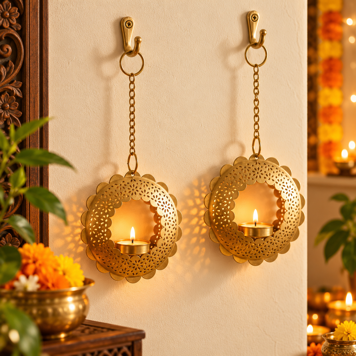 Round Flower Hanging Tealight Candle Holder (Set of 2)