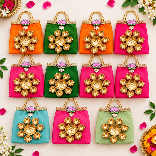Lotus Motif Tissue Organza Bag & 7 Inch Diya Urli Combo | Festive Gift Set for Diwali & Pooja
