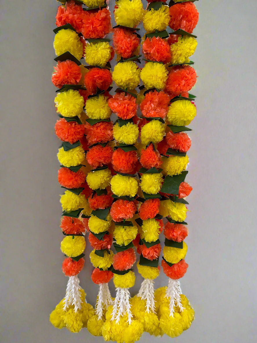 Decorative Yellow And Red Marigold Flower And Greean Leaves Garland Strings With Rajnigandha Tassel Dangler