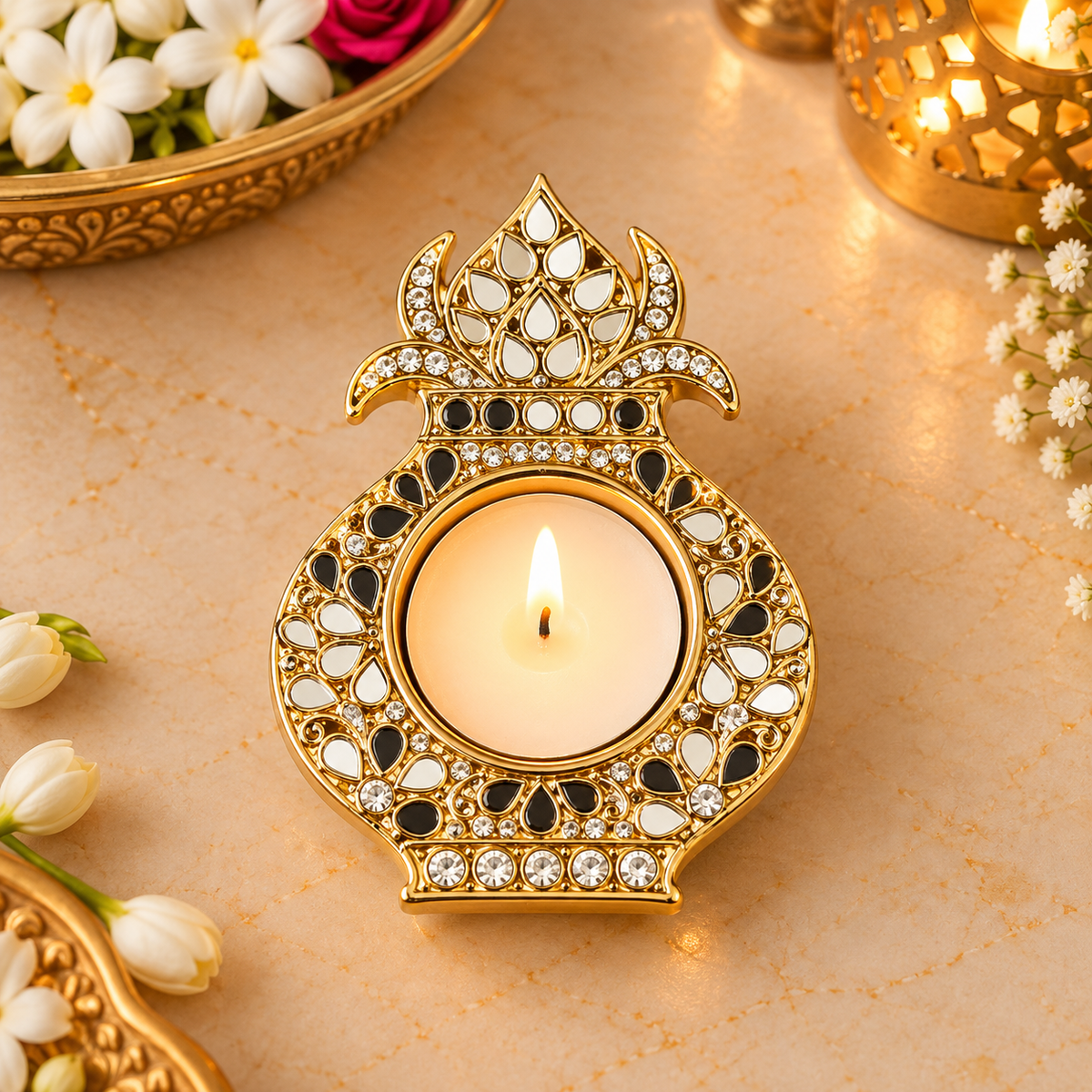 Elegant Kundan Kalash Tealight Diya (Set Of 2)