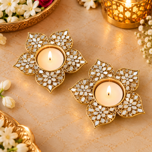 Flower Shape Mirror Tea Light (Set Of 2)