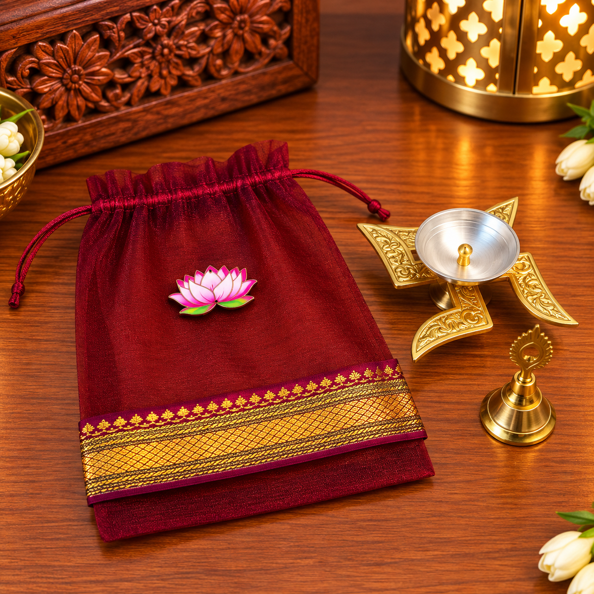 Diwali Pooja Gift Hamper | Swastik Diya, Pooja Bell & Lotus Organza Bag | Diwali Return Gift