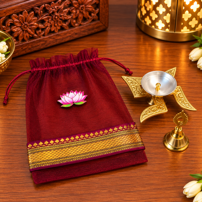 Diwali Pooja Gift Hamper | Swastik Diya, Pooja Bell & Lotus Organza Bag | Diwali Return Gift