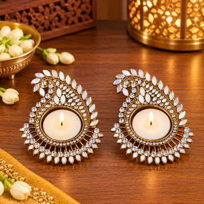 Kundan Paisley Tealight Diya – Set of 2 | Decorative Diwali Candle Holders