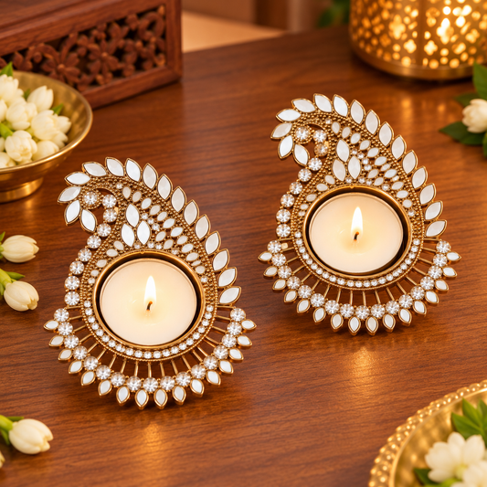 Kundan Paisley Tealight Diya – Set of 2 | Decorative Diwali Candle Holders
