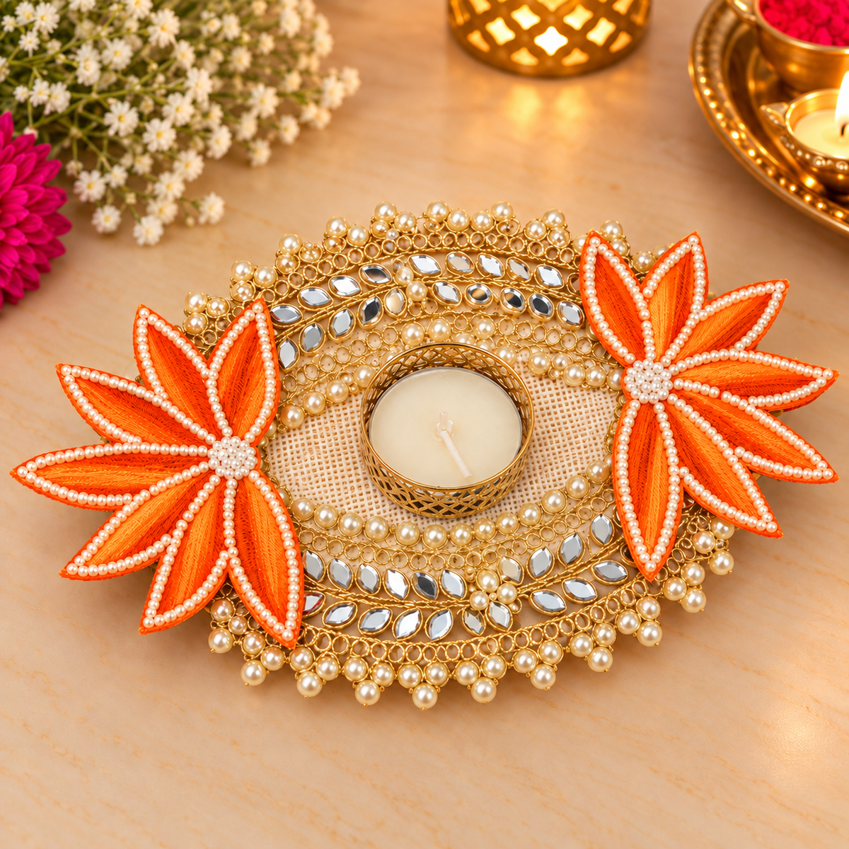 Orange Ornate Diwali Diya Centerpiece