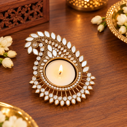 Kundan Paisley Tealight Diya – Set of 2 | Decorative Diwali Candle Holders