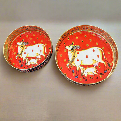 Red Circular Golden Tray With Pichwai Cow Art Picture (Set of 2)