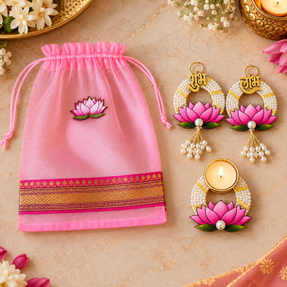 Elegant Pink Lotus Diwali Gift Set | Shubh Labh Hangings, Decorative Tealight Diya & Pink Gift Bag | Festive Home Décor & Gifting