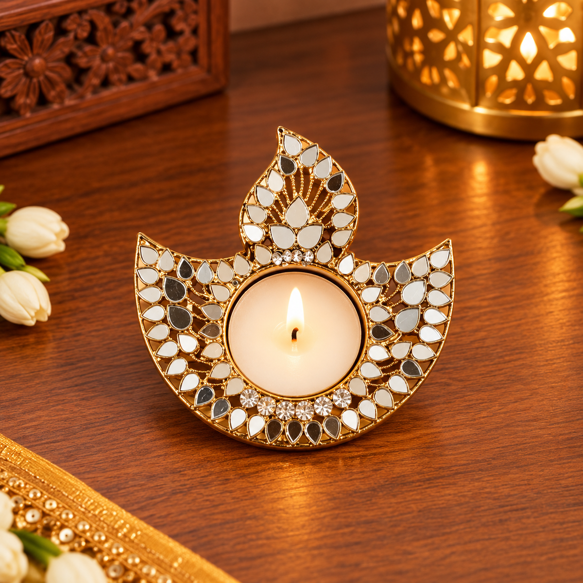 Kundan Diya T-Light Candle Holder (Set Of 2)