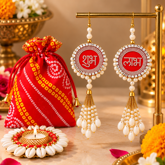 Shubh Labh Gift Hamper | Diwali Hamper with Bandhej Potli Bag, Diamond Shubh Labh Hangings & Kodi Diya
