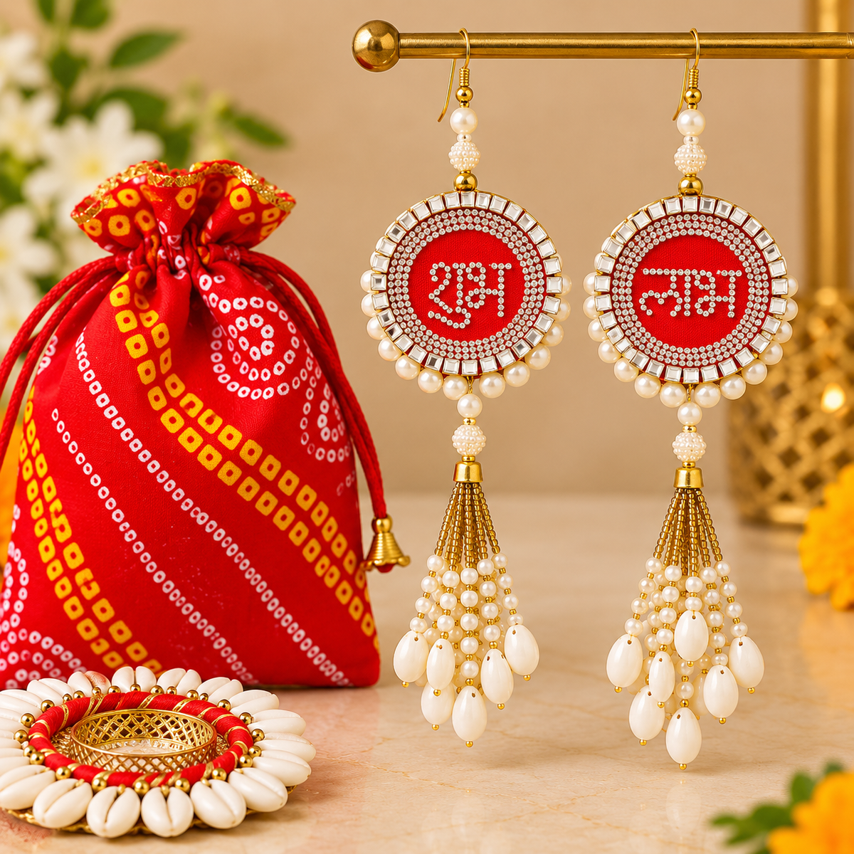 Shubh Labh Gift Hamper | Diwali Hamper with Bandhej Potli Bag, Diamond Shubh Labh Hangings & Kodi Diya