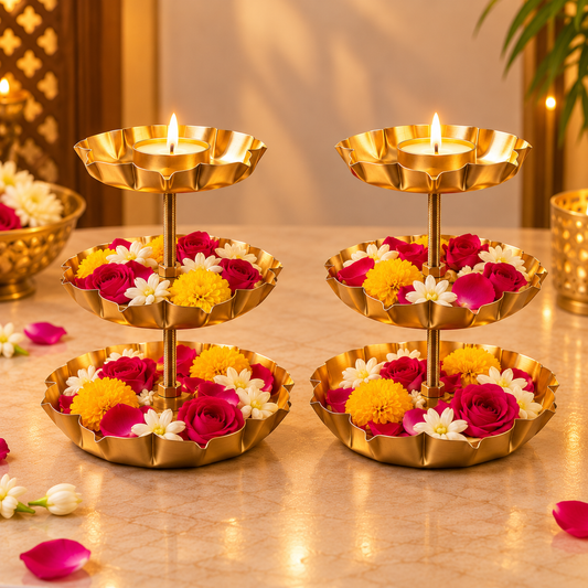 Golden 3-Tier Floral Diya Stand (Set of 2) | Decorative Metal Pooja Stand | Diwali & Festive Home Décor