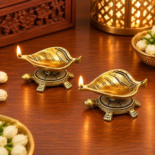 Tortoise Leaf Diya (Set of 2) | Decorative Diwali Diyas | Festive Pooja & Home Décor