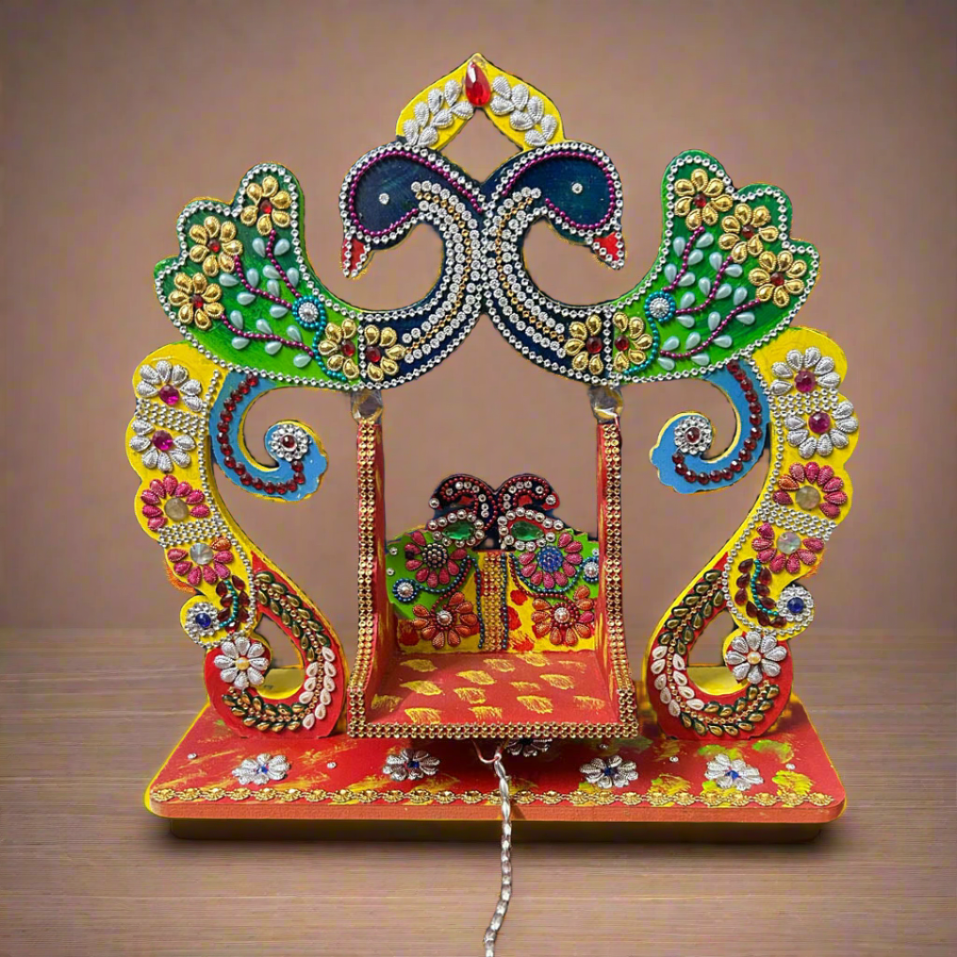Beautiful Wooden Handicrafted Peacock Swing Jhula for Laddu Gopal Krishna for Home Mandir Temple