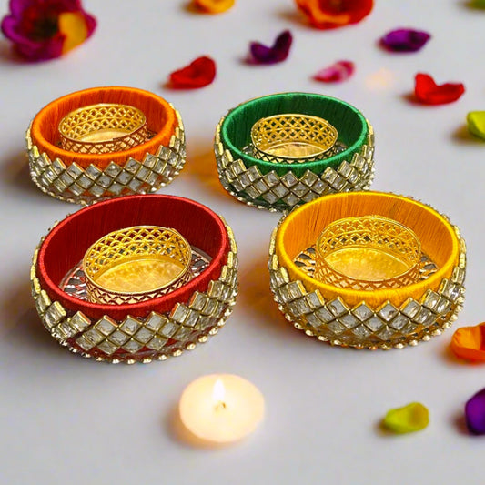 Set Of 2 Diamond Bangle Diya Tea Light – Diwali Decorative T-light Holder (Assorted Colors)