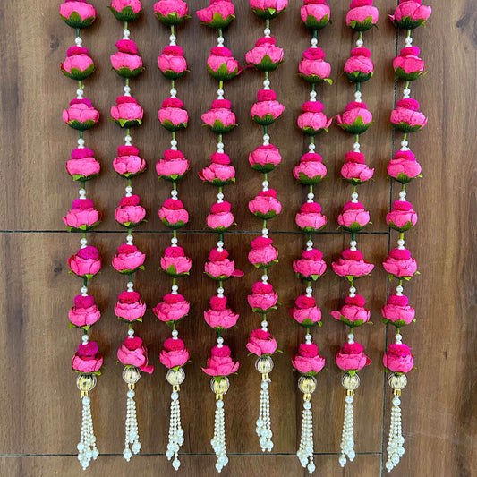 Pink Peony Rose & Pearl Latkan – Elegant Hanging Decoration for Pooja, Festivals, Home Temple, Door, and Backdrop Decor – Handmade Floral Tassel with Artificial Flowers and Beads