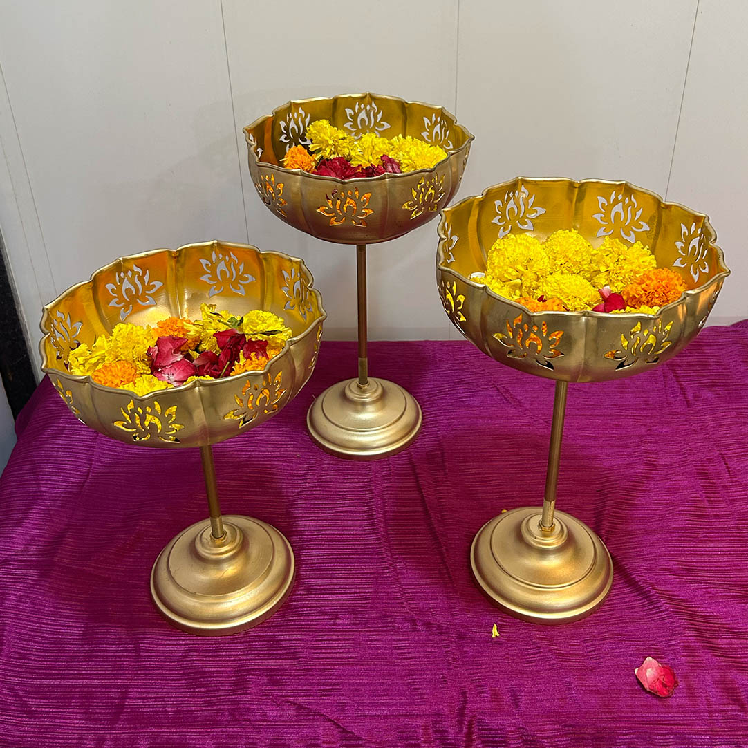 Standing Lotus Cut Metal Urli Bowls With Gold Finish