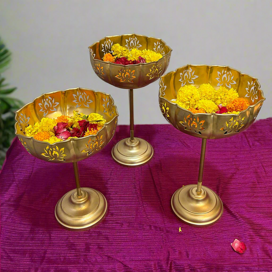 Standing Lotus Cut Metal Urli Bowls With Gold Finish