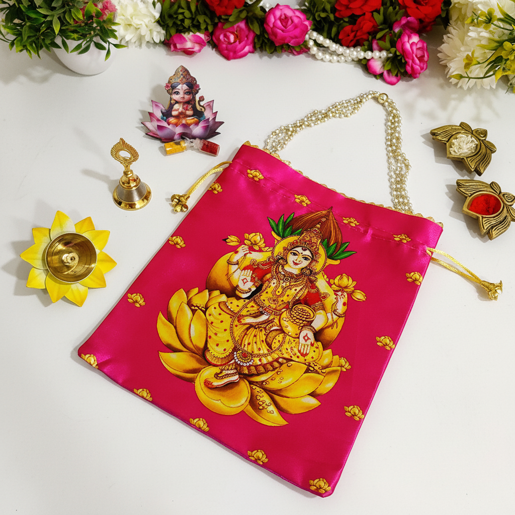 Varalakshmi Vratam Return Gift Combo | Lakshmi Potli Bag, Haldi Kumkum, Pooja Bell & Flower Diya | Set of 4