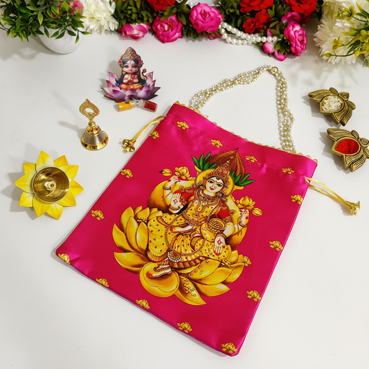 Varalakshmi Vratam Return Gift Combo | Lakshmi Potli Bag, Haldi Kumkum, Pooja Bell & Flower Diya | Set of 4