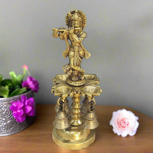 Brass Krishna Diya with Bell