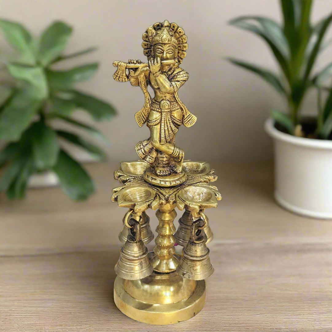 Brass Krishna Diya with Bell