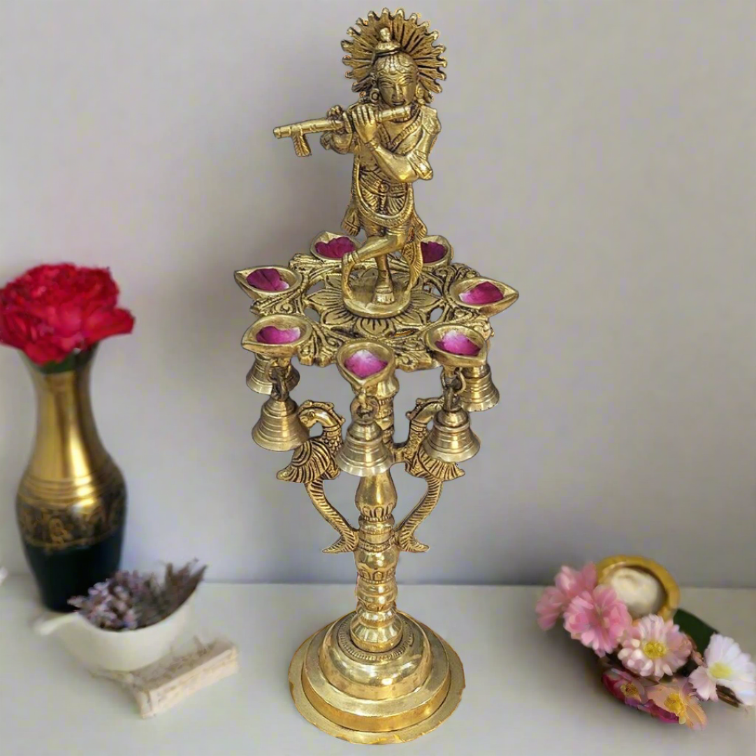 Brass Krishana Diya Stand with Bell