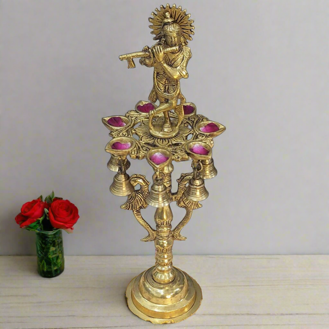 Brass Krishana Diya Stand with Bell