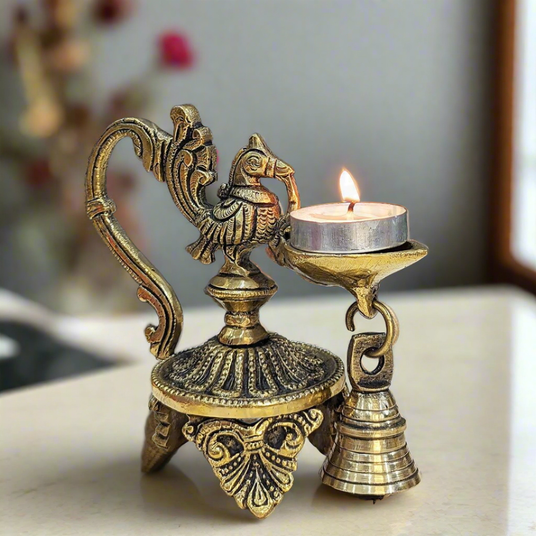 Antique Brass Peacock Diya with Bell